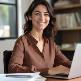 Tax professional smiling while working on a laptop at a desk in a bright office.